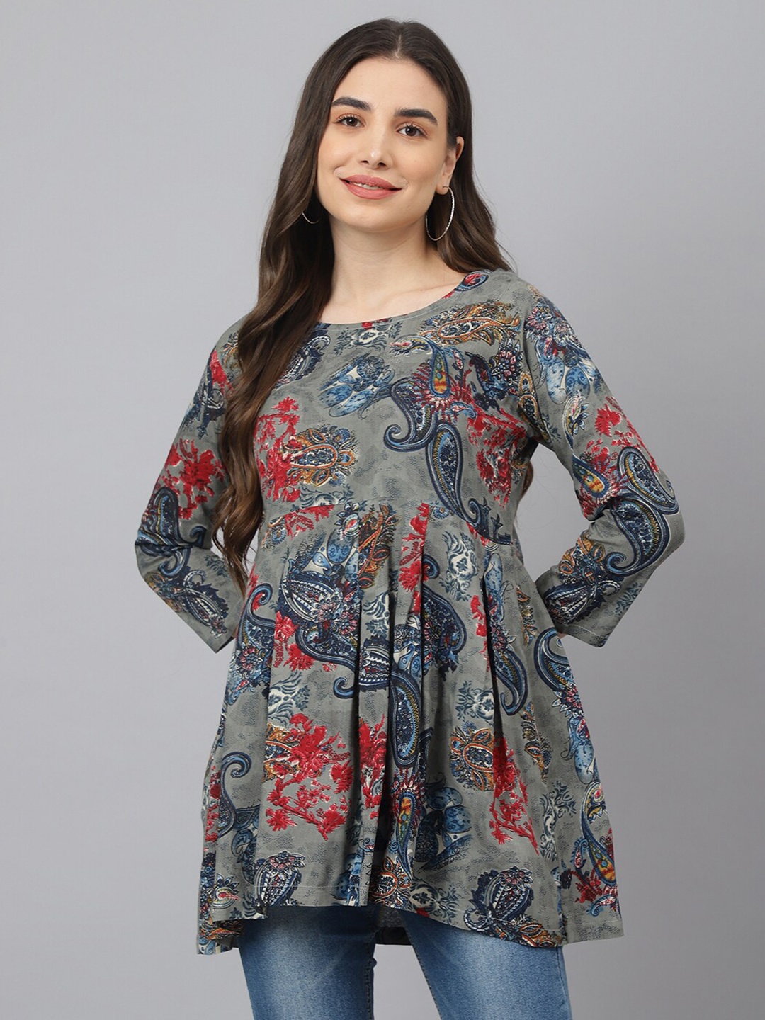 

ADAA JAIPUR Grey & Red Print Empire Longline Top