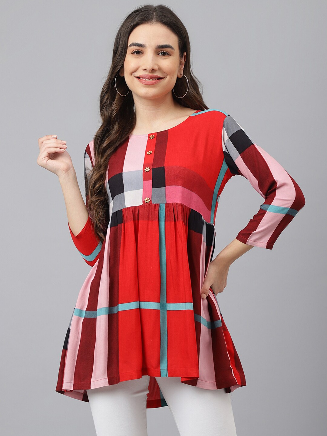 

ADAA JAIPUR Red & Maroon Checked Longline Top