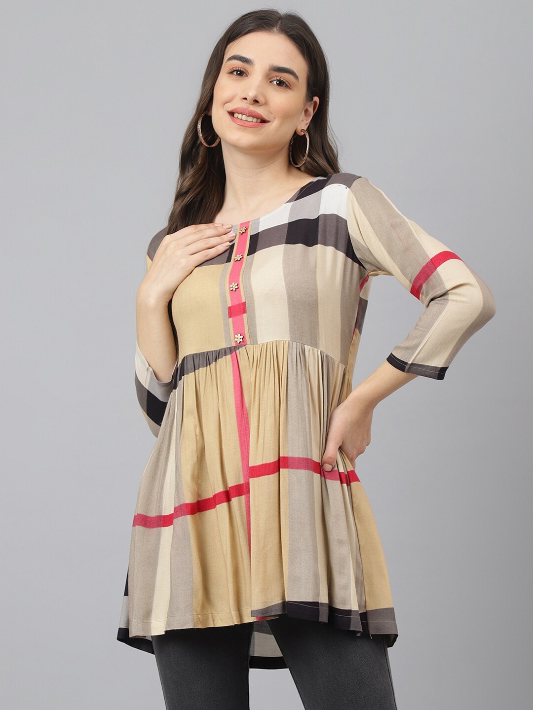

ADAA JAIPUR Beige & Black Checked Longline Top