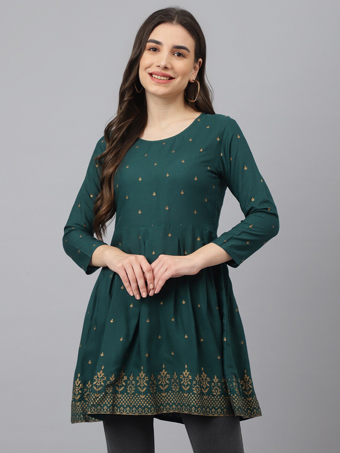 

ADAA JAIPUR Women Green & Gold-Toned Print Longline Top
