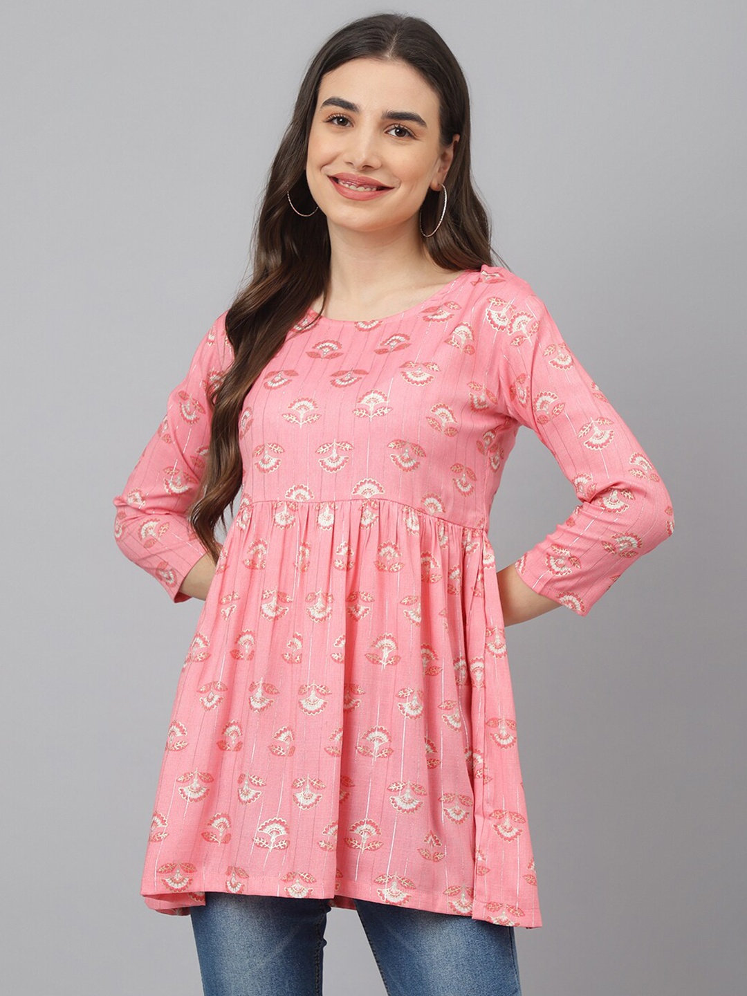 

ADAA JAIPUR Pink & White Floral Print Empire Longline Top