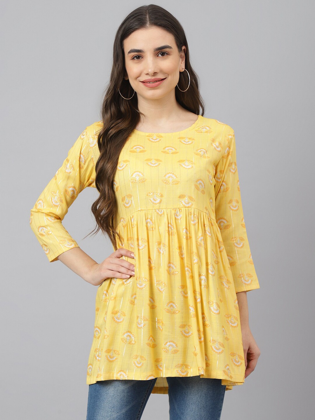 

ADAA JAIPUR Women Yellow & White Floral Print Empire Longline Top