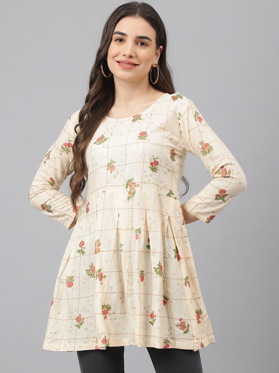 

ADAA JAIPUR Beige & Pink Floral Print Empire Longline Top