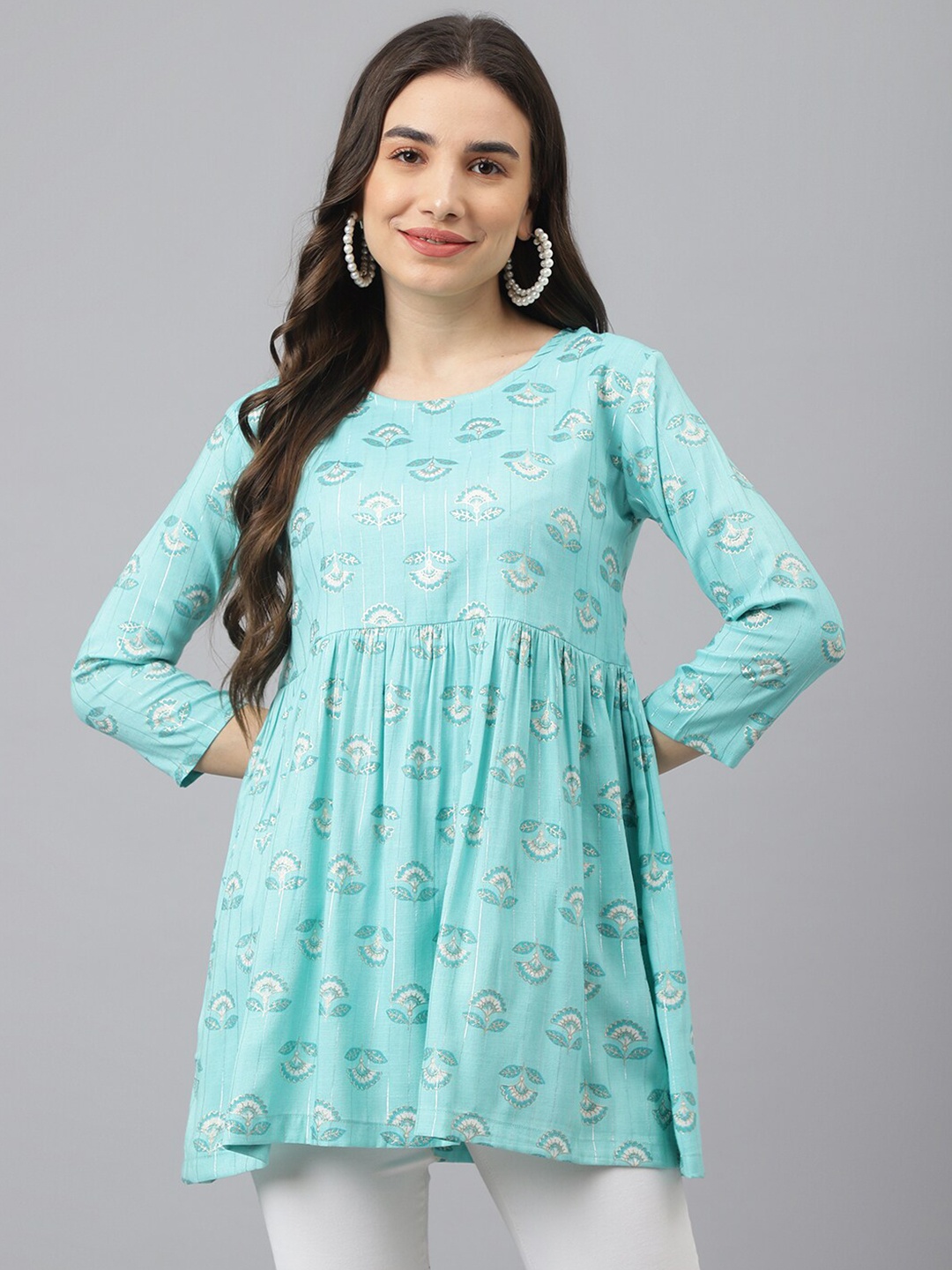 

ADAA JAIPUR Turquoise Blue & White Floral Print Empire Longline Top