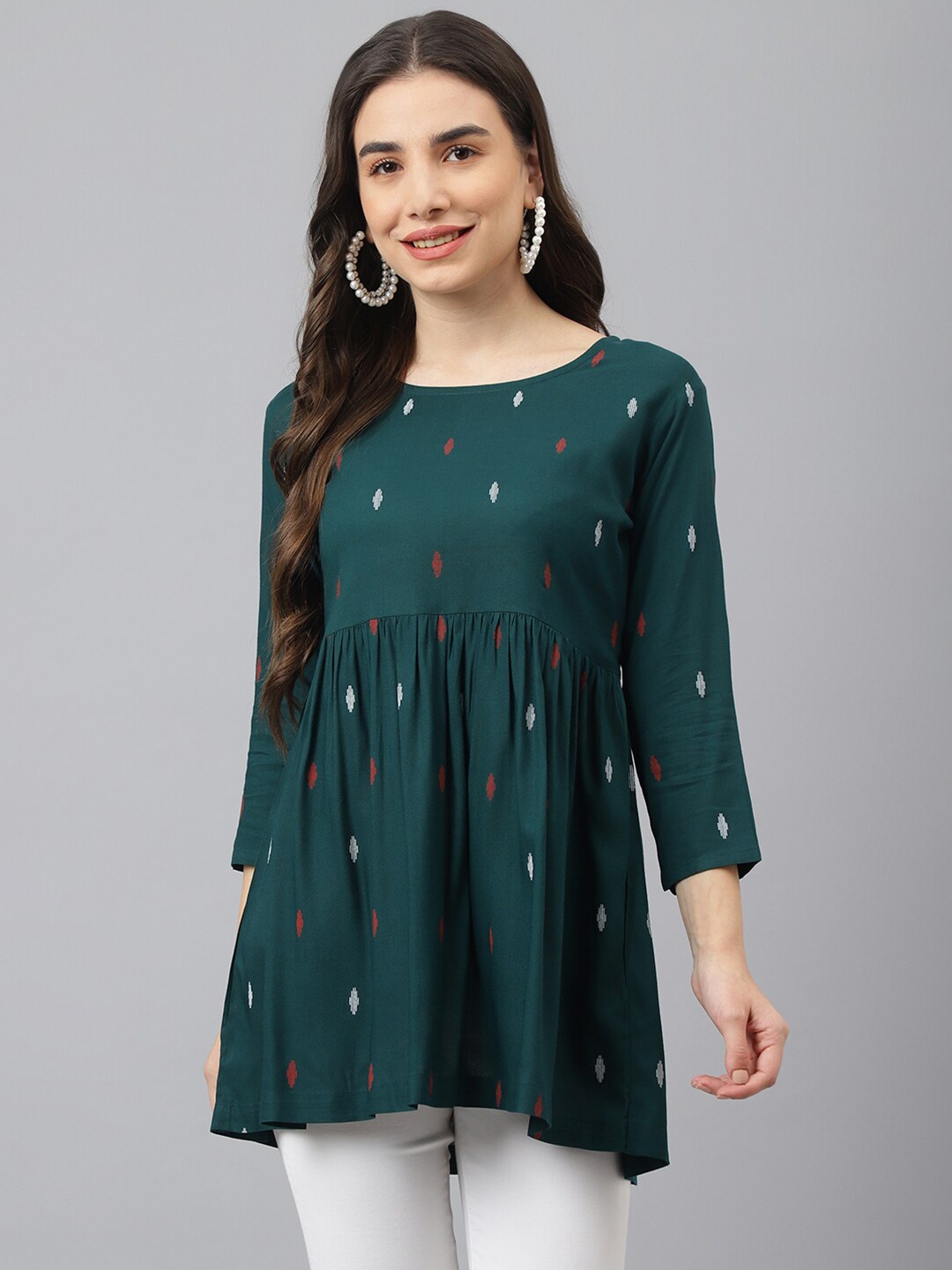 

ADAA JAIPUR Women Green & White Print Empire Longline Top