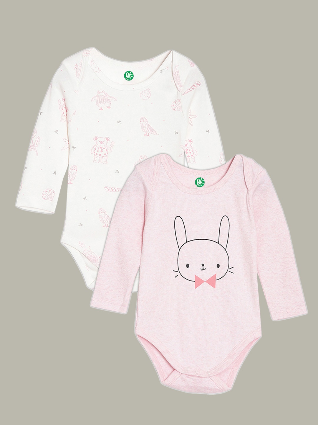 

YK ORGANIC Infant Girls Pack of 2 White and Pink Printed Pure Organic Cotton Bodysuit