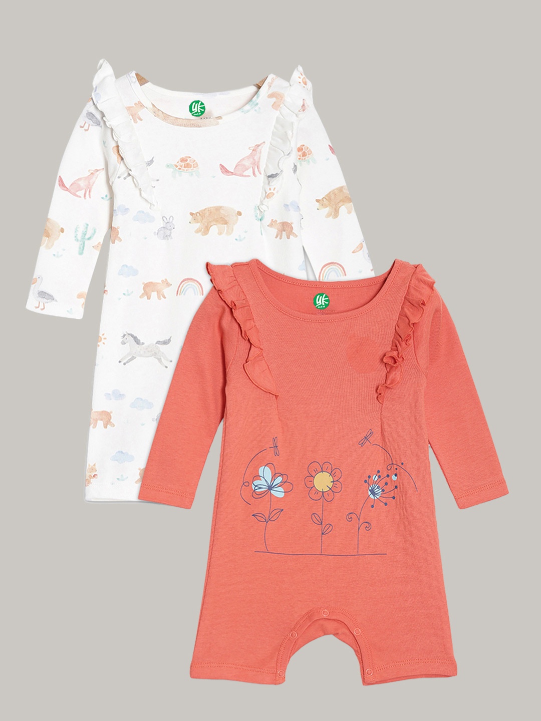 

YK Organic Infant Girls Pack Of 2 Printed Pure Organic Cotton Rompers, Orange