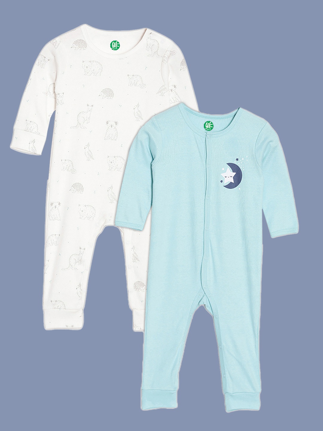 

YK ORGANIC Infant Girls Pack of 2 Off-White & Blue Koala & Kangaroo Print Cotton Rompers