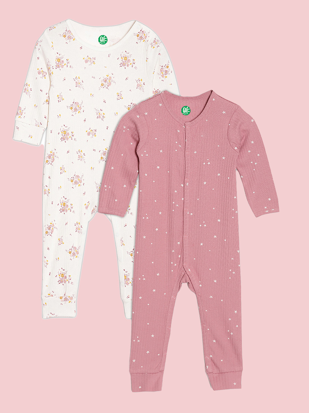 

YK Organic Infant Girls Pack Of 2 Off White and Pink Print Pure Organic Cotton Sleepsuits