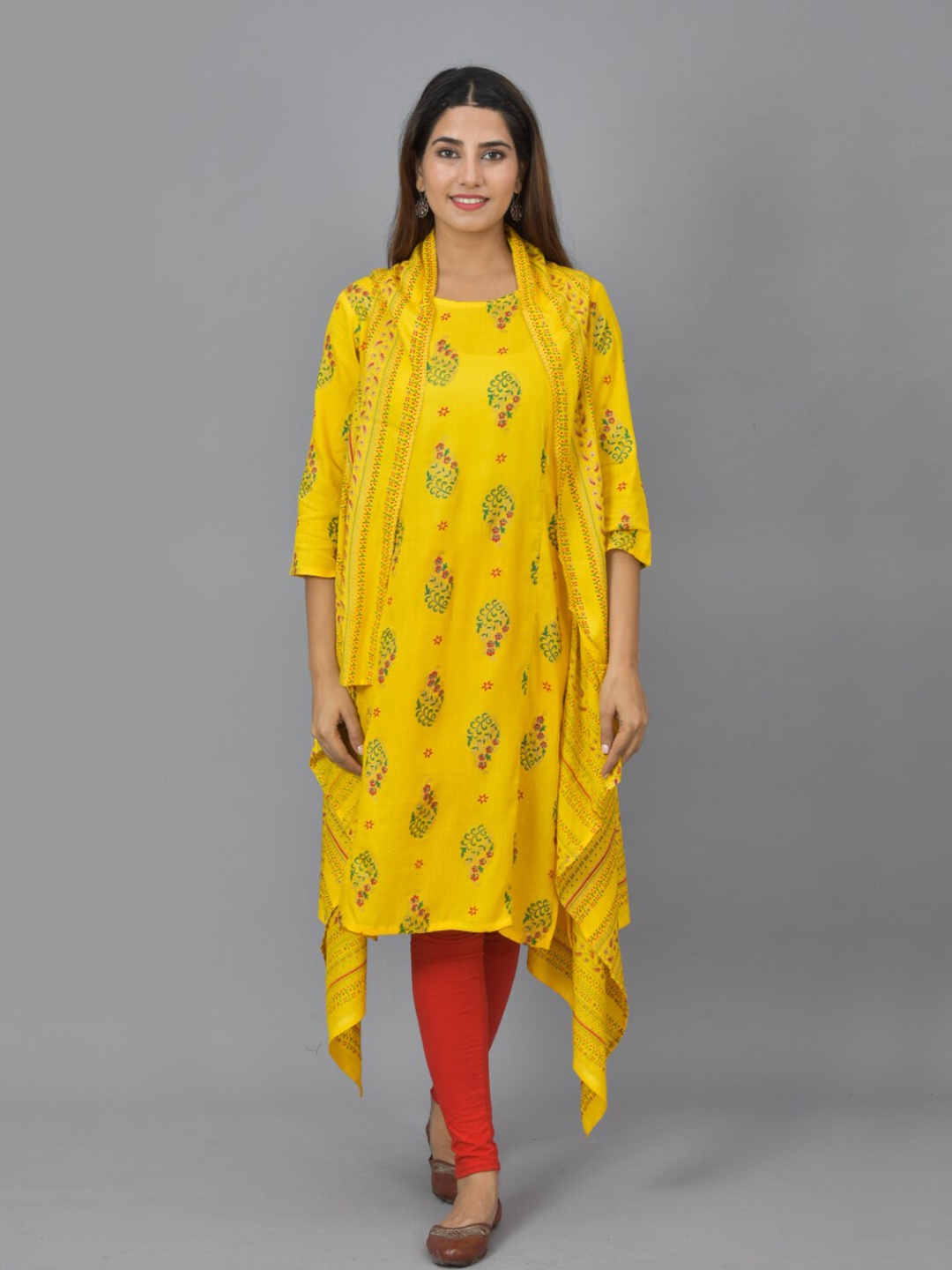 

KALINI Yellow Ethnic Motifs Maternity A-Line Dress