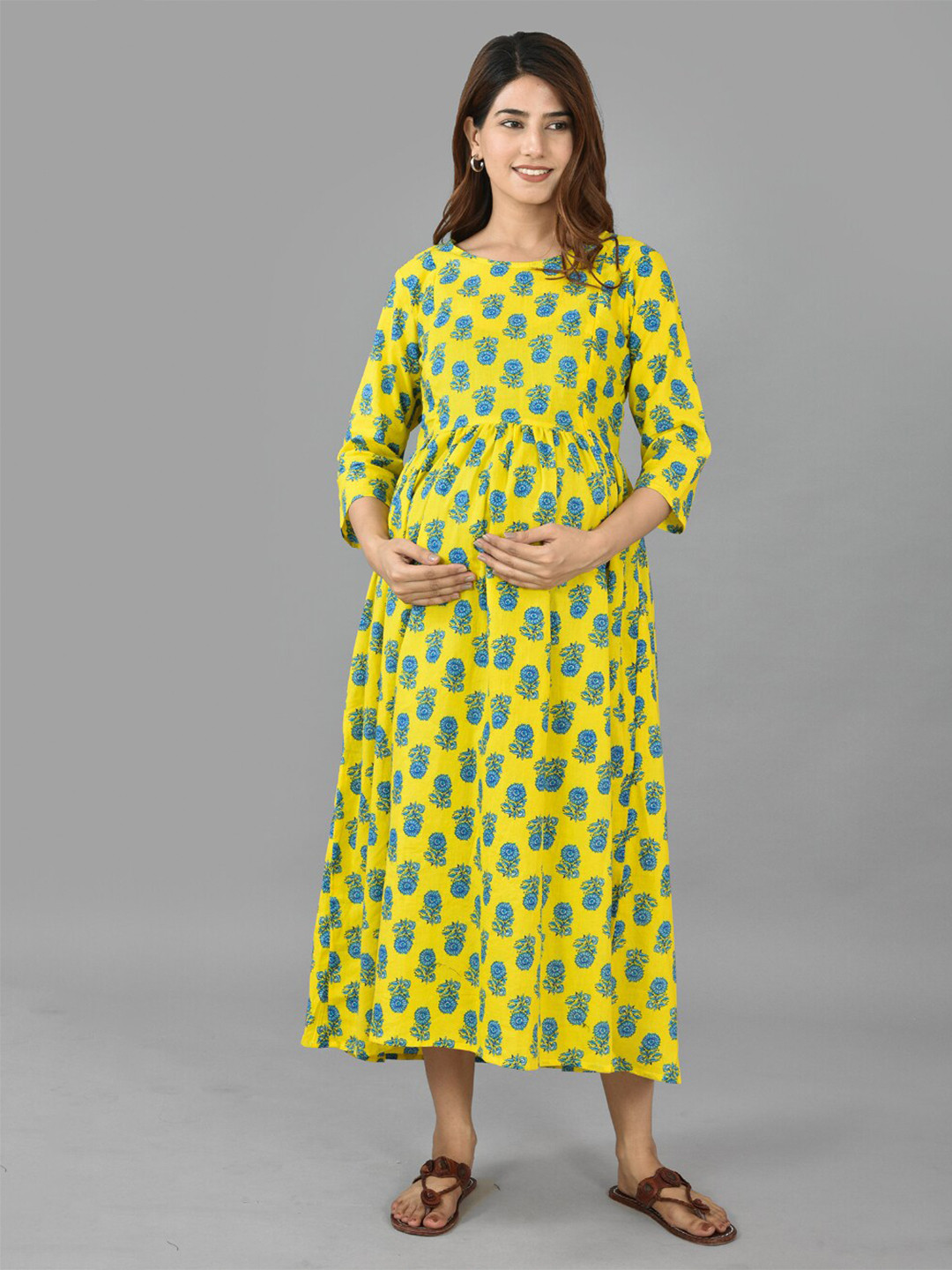 

KALINI Yellow & Blue Ethnic Motifs Maternity Pure Cotton A-Line Midi Dress