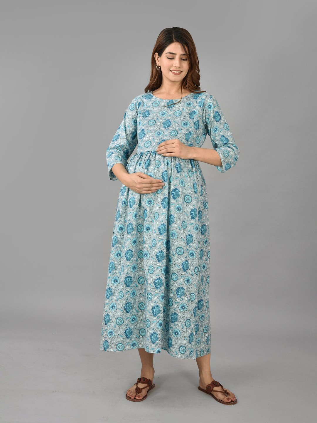 

KALINI Blue Ethnic Motifs Maternity Pure Cotton A-Line Midi Dress