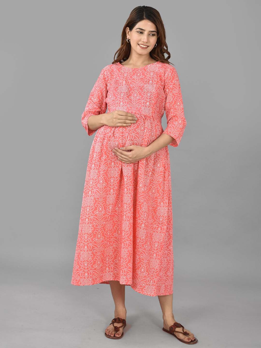 

KALINI Pink Ethnic Motifs Maternity Pure Cotton A-Line Midi Dress