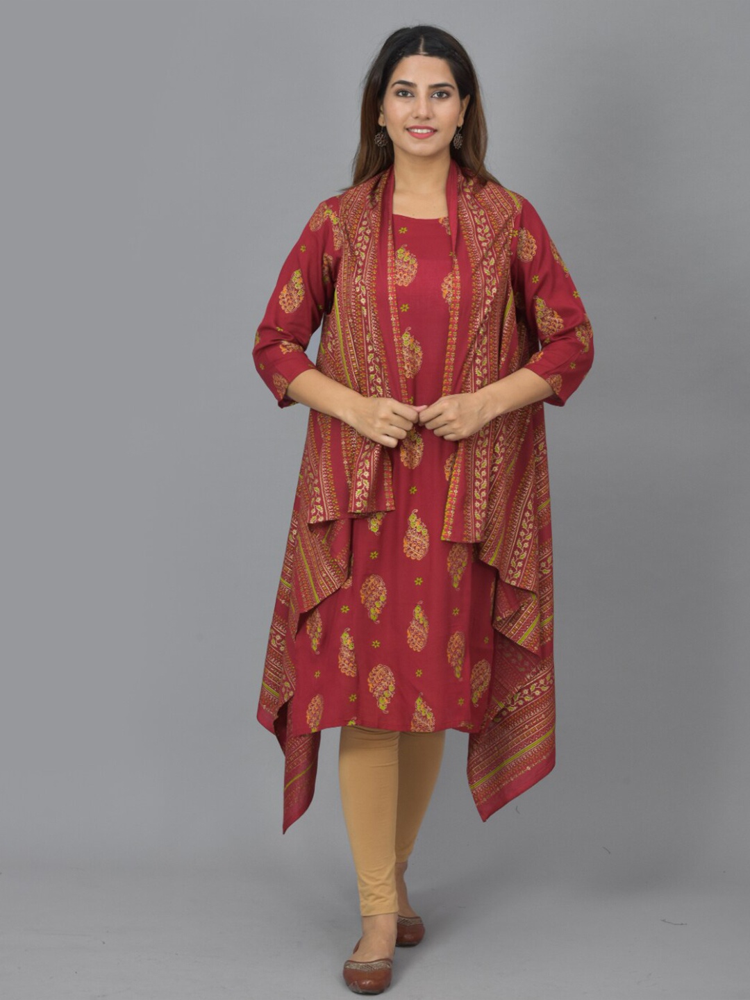 

KALINI Maroon Ethnic Motifs Maternity A-Line Midi Dress