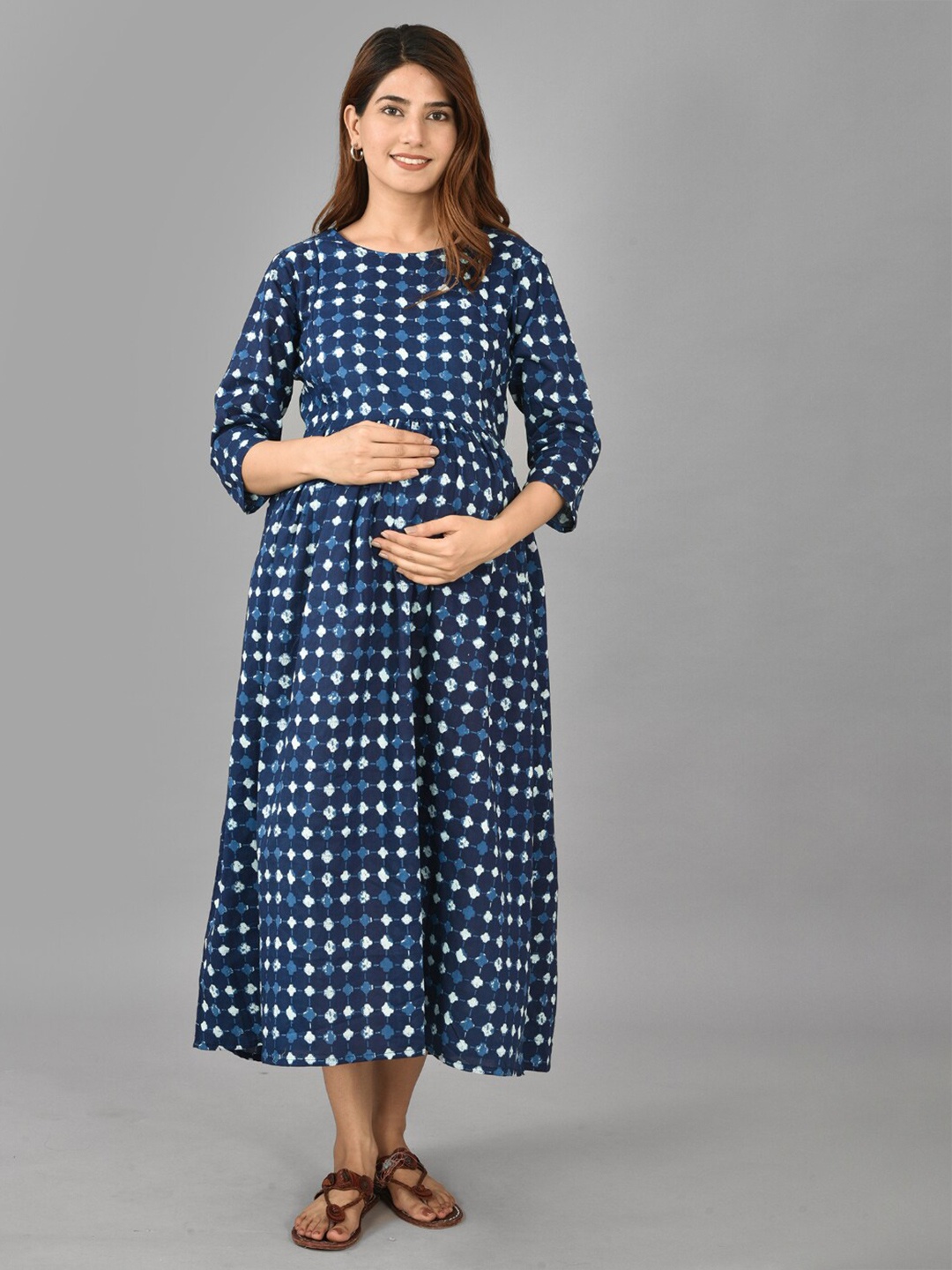 

KALINI Blue Ethnic Motifs Maternity Pure Cotton A-Line Midi Dress
