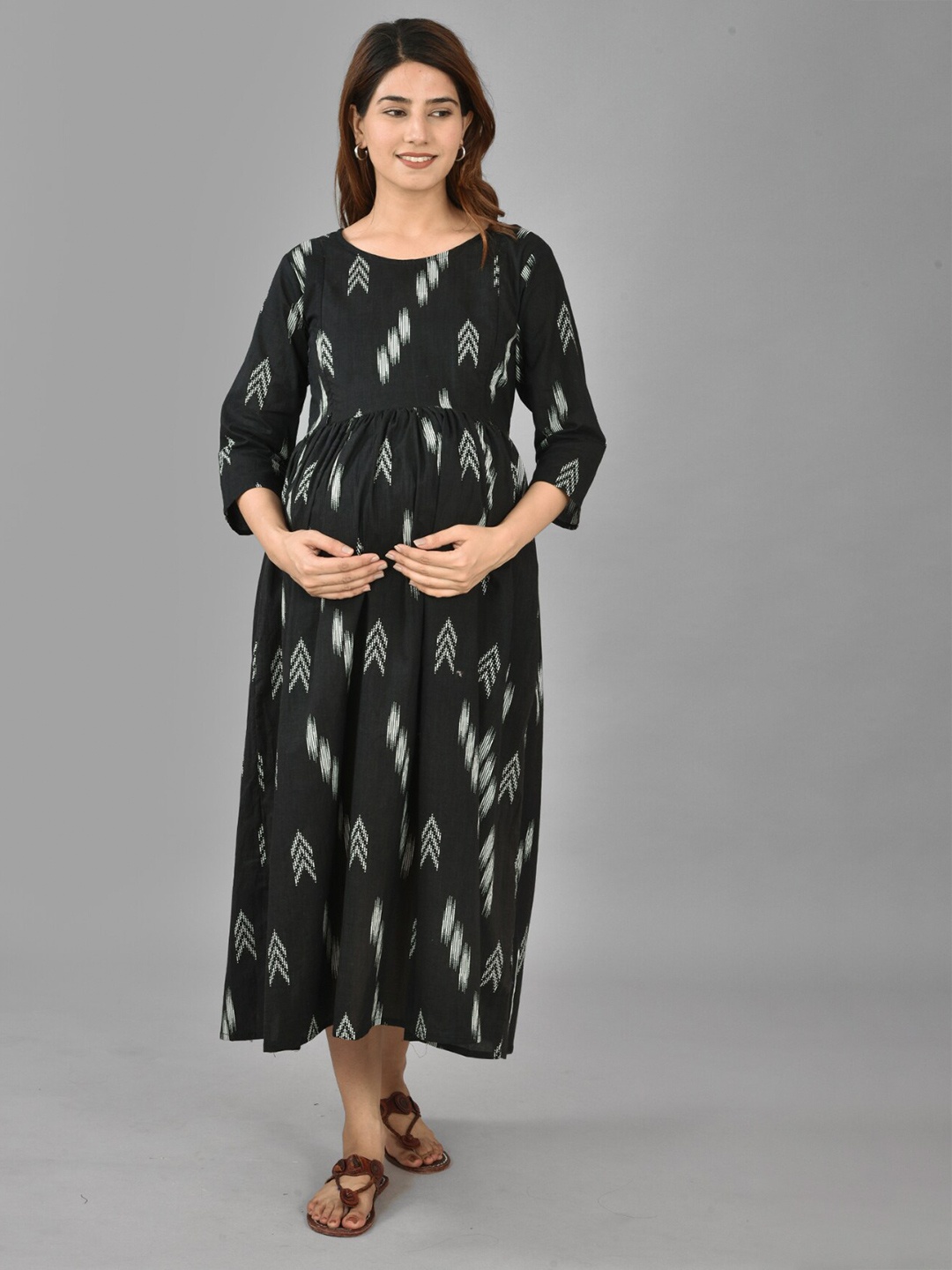 

KALINI Black Ethnic Motifs Maternity Midi Pure Cotton Dress