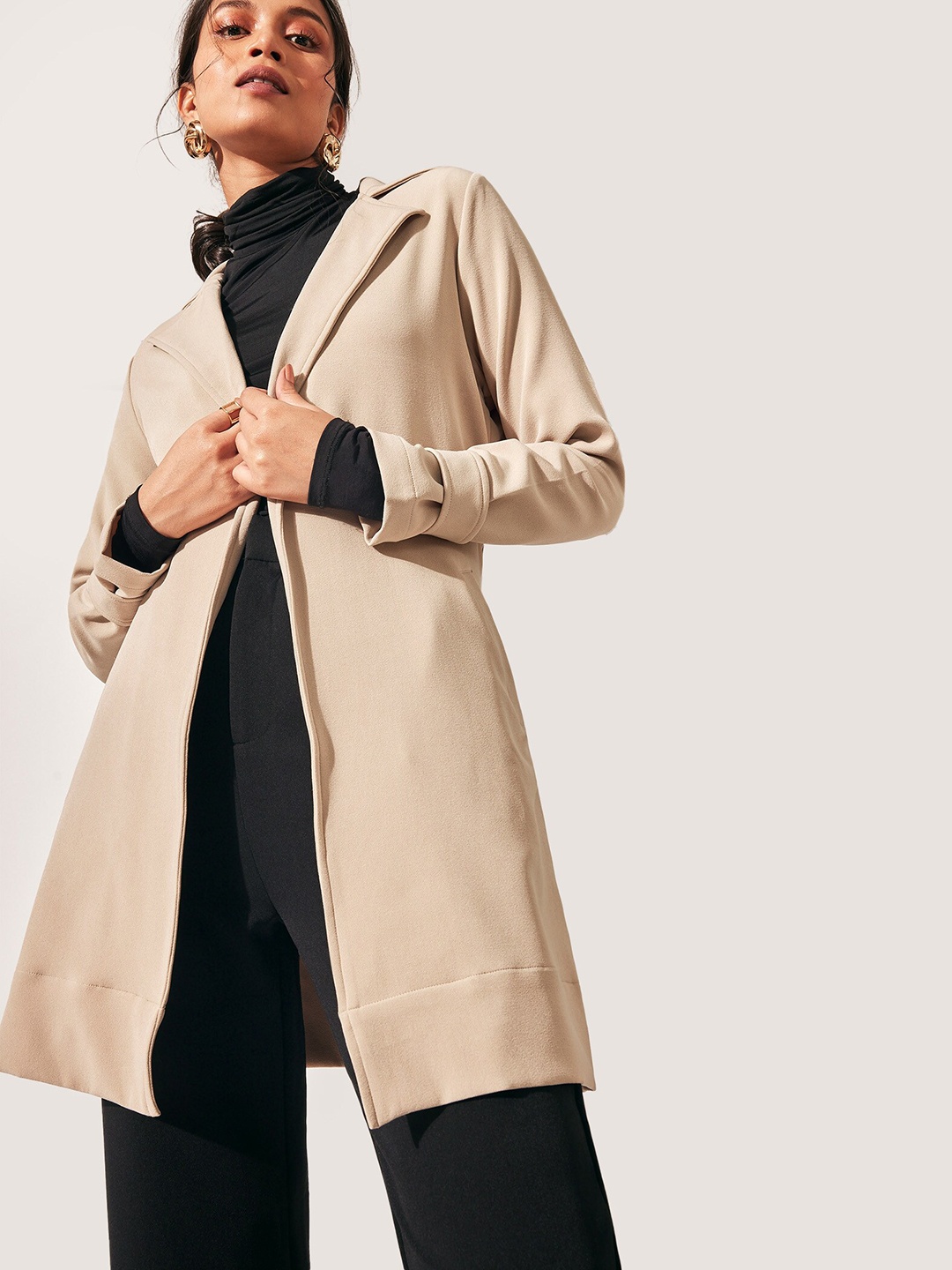 

The Label Life Women Beige Antimicrobial Longline Open Front Jacket