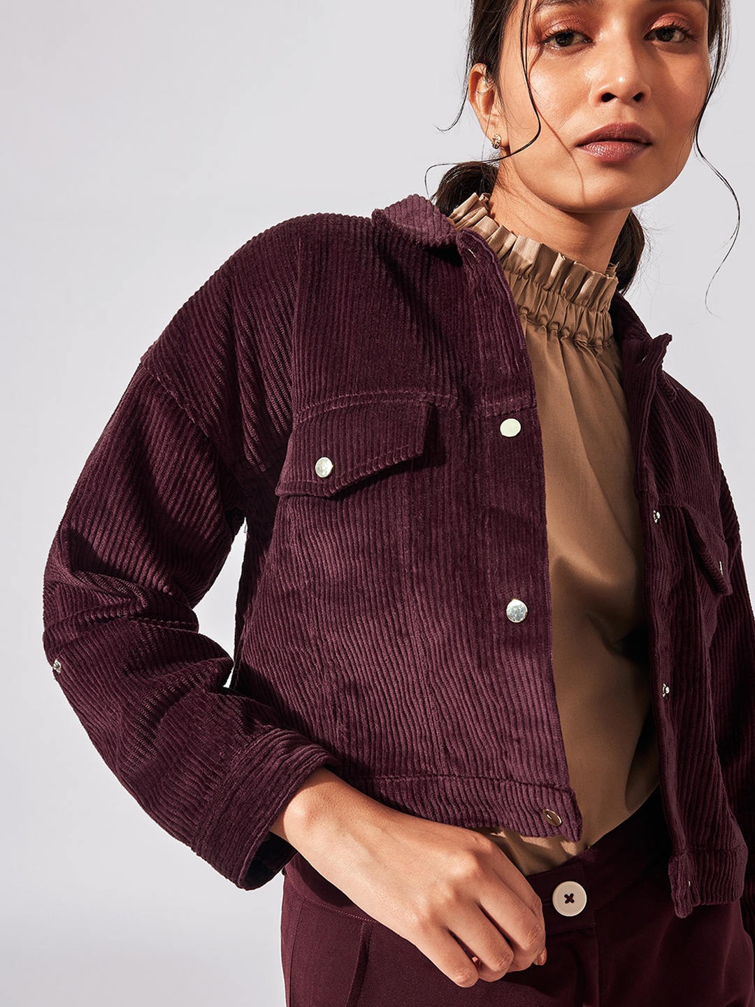 

The Label Life Women Burgundy Colourblocked Corduroy Antimicrobial Crop Tailored Jacket