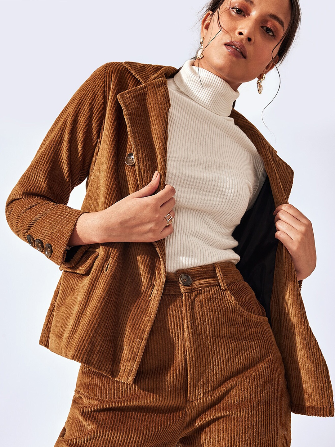 

The Label Life Women Khaki Striped Corduroy Antimicrobial Tailored Jacket