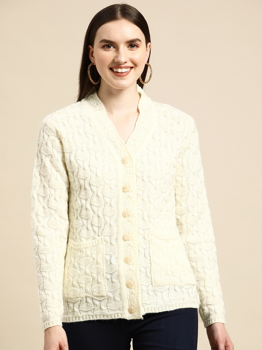 

Saadgi Women White Self Design Open Knit Cardigan