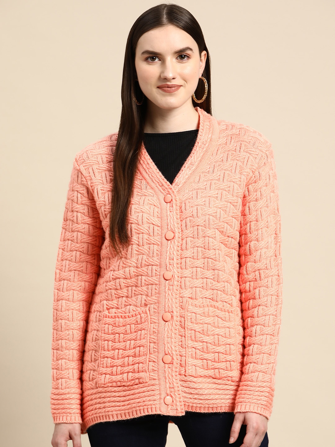 

Saadgi Women Peach-Coloured Self Design Open Knit Cardigan