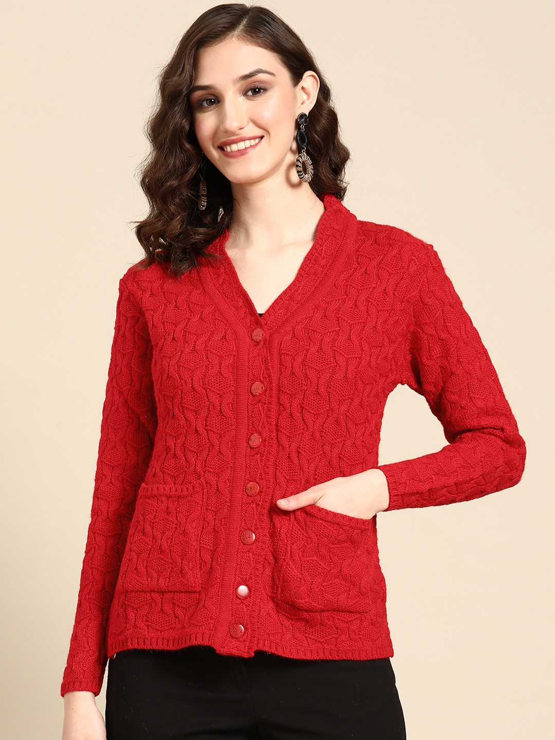 

Saadgi Women Maroon Cable Knit Cardigan