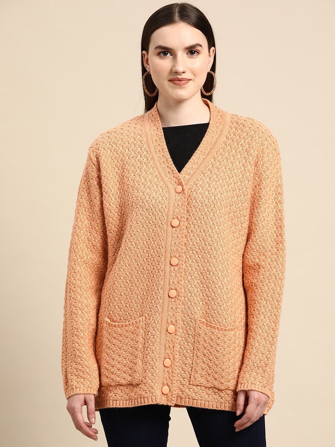 

Saadgi Women Bronze-Toned Self Design Open Knit Cardigan