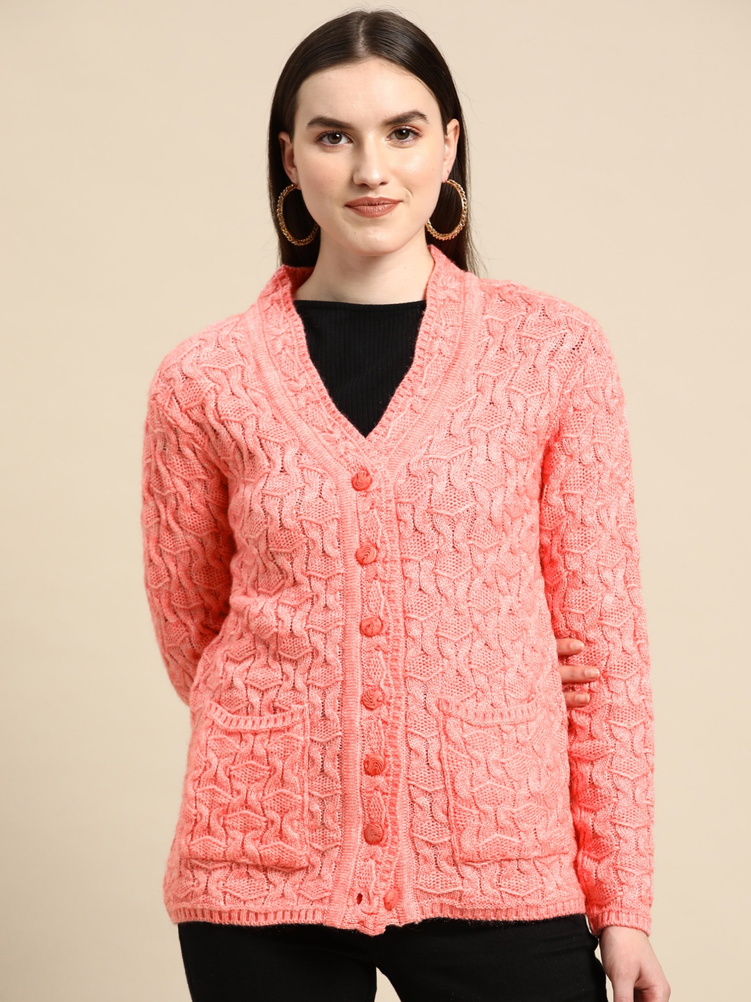 

Saadgi Women Pink Self Design Open Knit ardigan