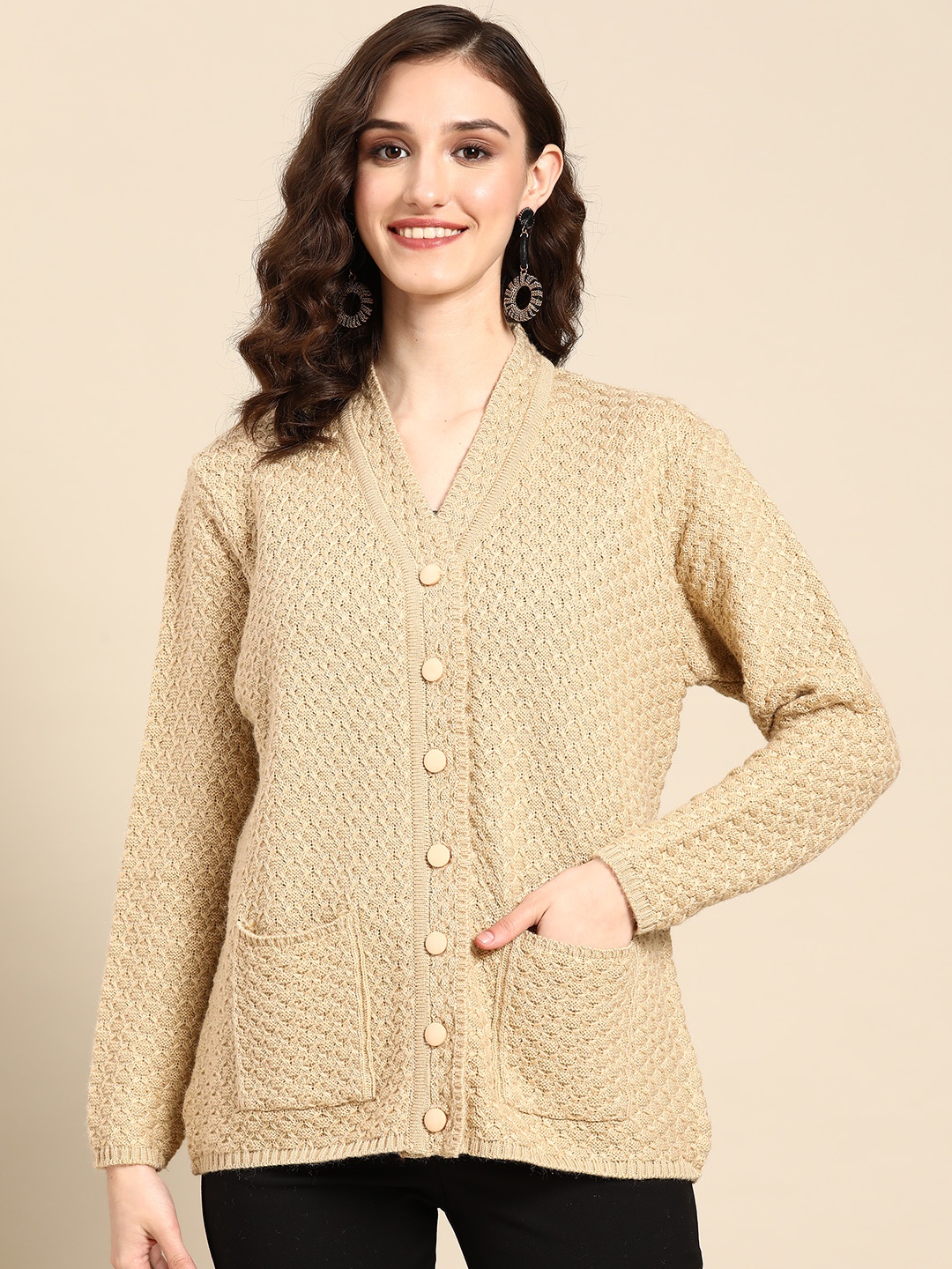 

Saadgi Women Beige Open Knit Cardigan