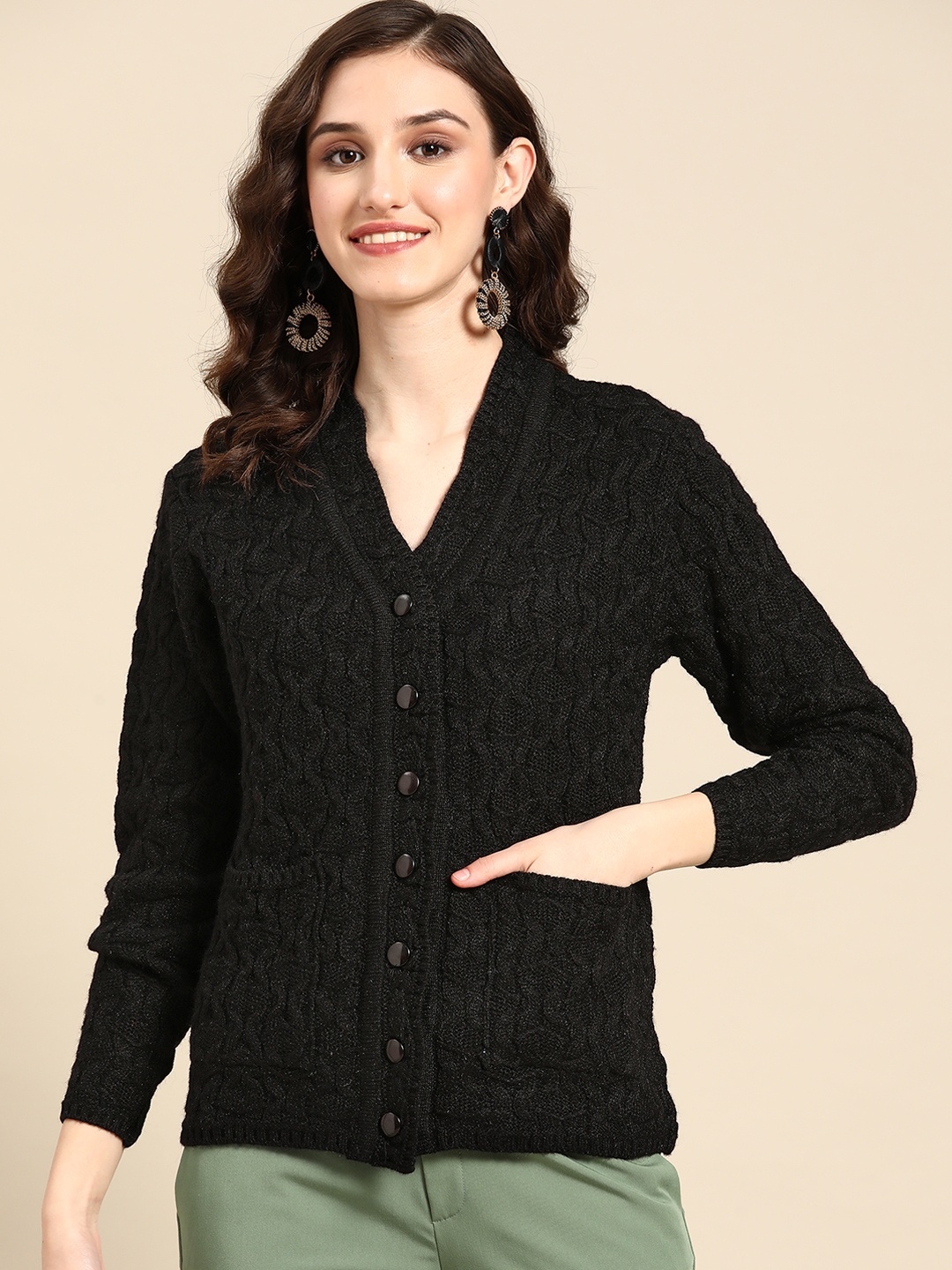 

Saadgi Women Black Cable Knit Cardigan