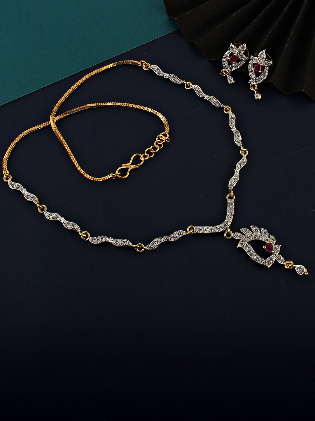 

LUCKY JEWELLERY Gold Plated American Diamond Studded Jewellery Set, Magenta