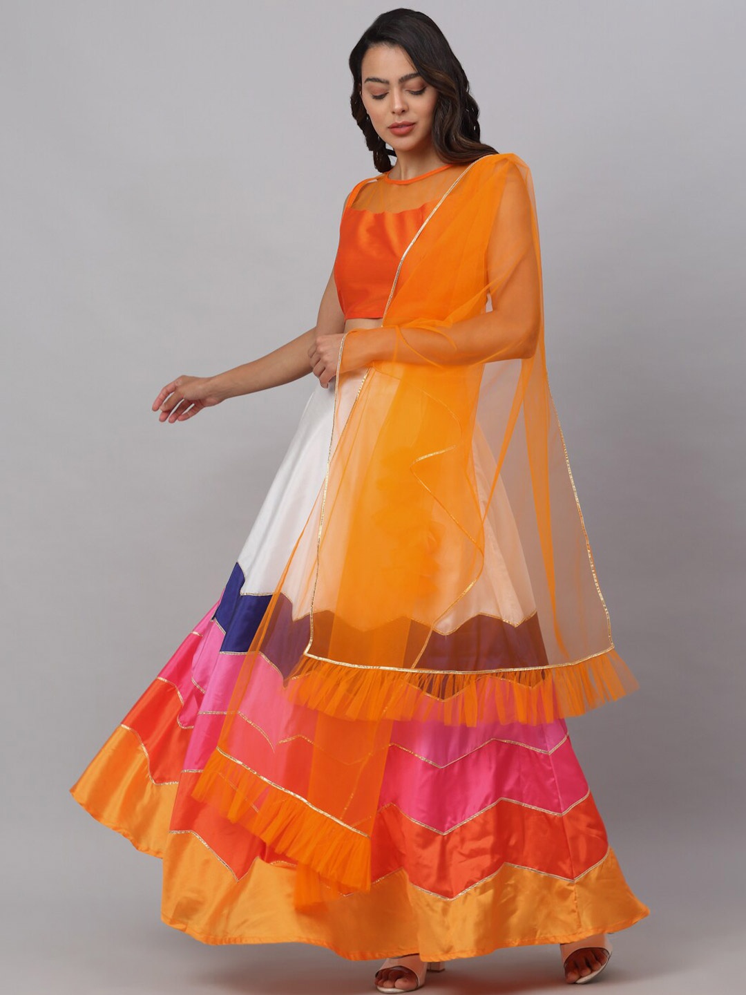 

NEUDIS Orange & White Ready to Wear Lehenga & Blouse With Dupatta