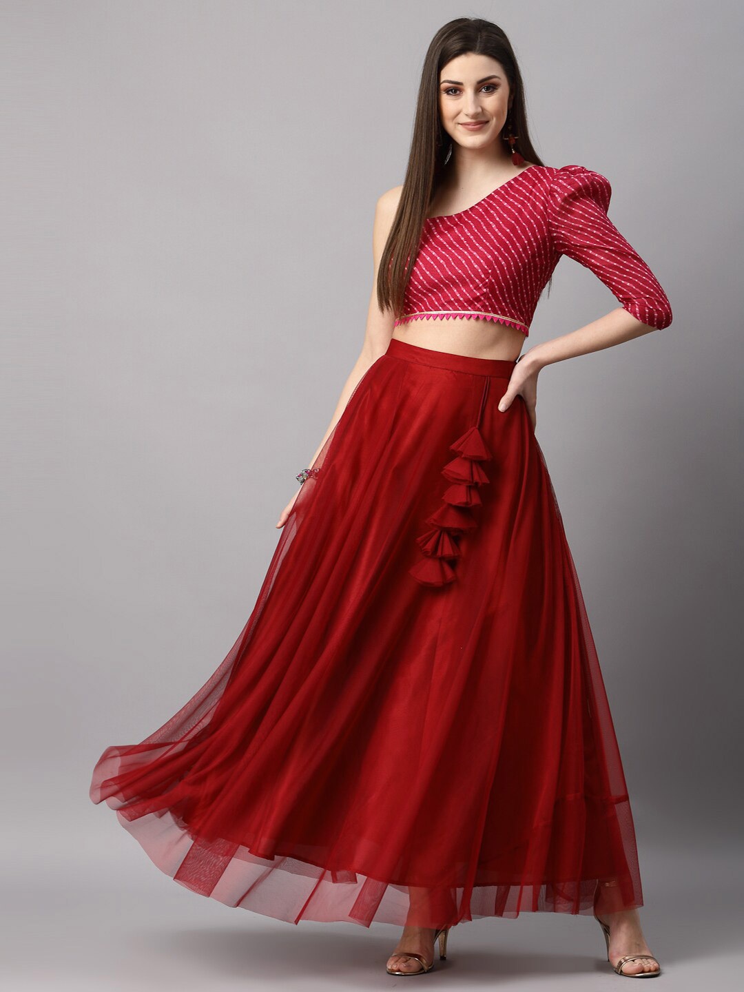 

NEUDIS Maroon & White Printed Ready to Wear Lehenga &