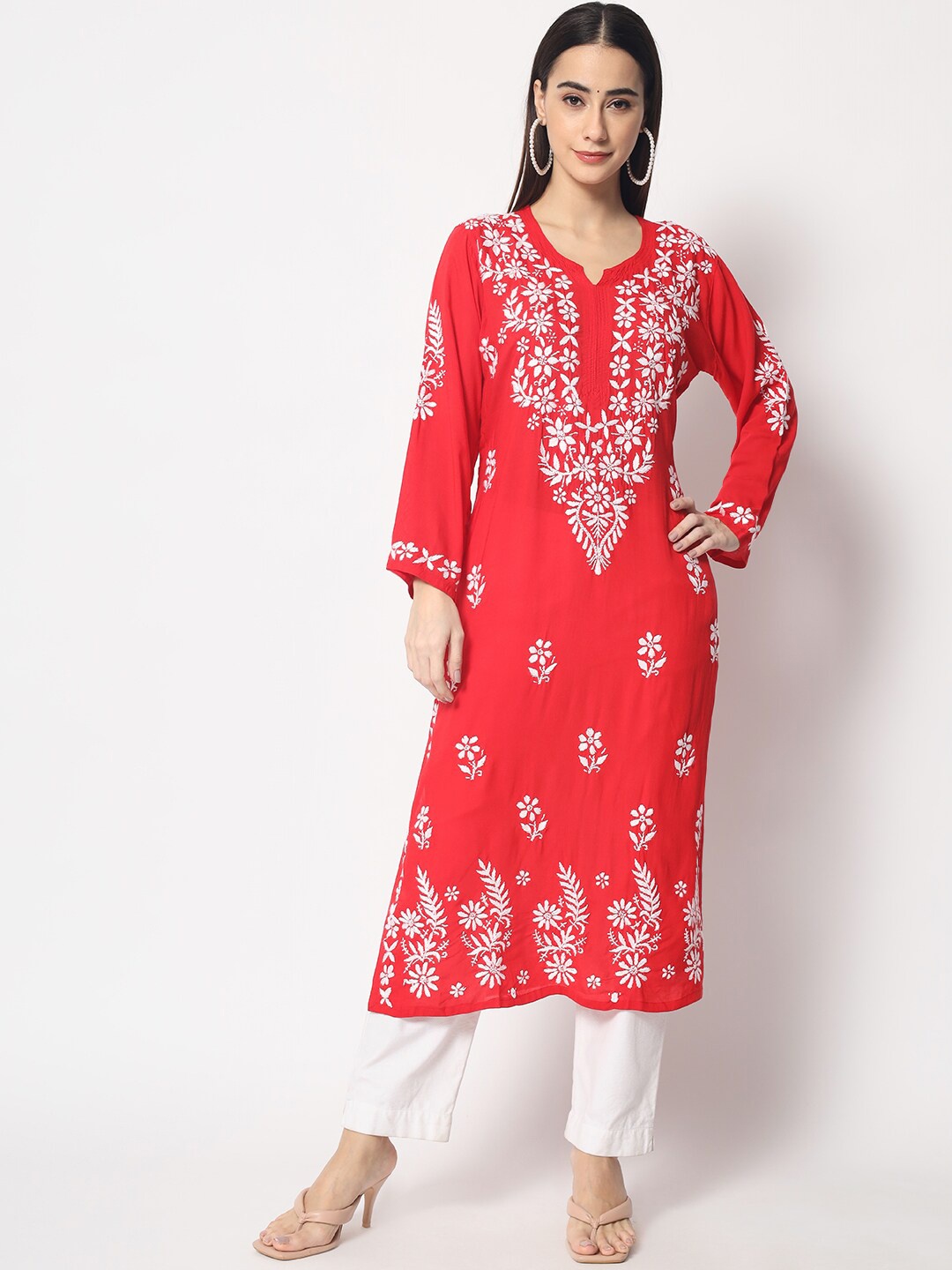 

PARAMOUNT CHIKAN Women Red Chikankari Hand Embroidered Modal straight kurta