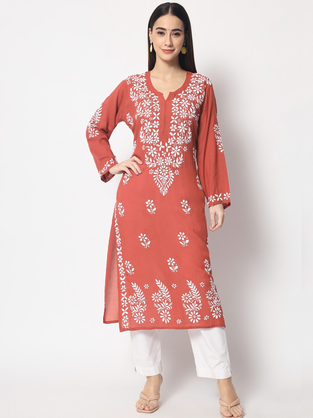 

PARAMOUNT CHIKAN Women Rust Chikankari Hand Embroidered Modal straight kurta