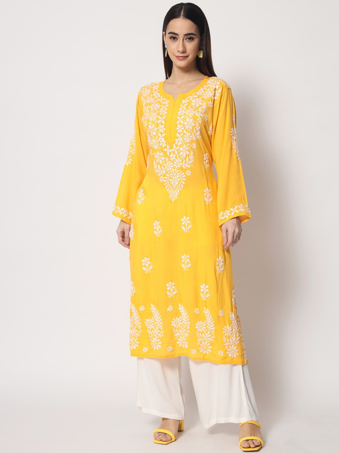 

PARAMOUNT CHIKAN Women Yellow Chikankari Hand Embroidered Modal straight kurta