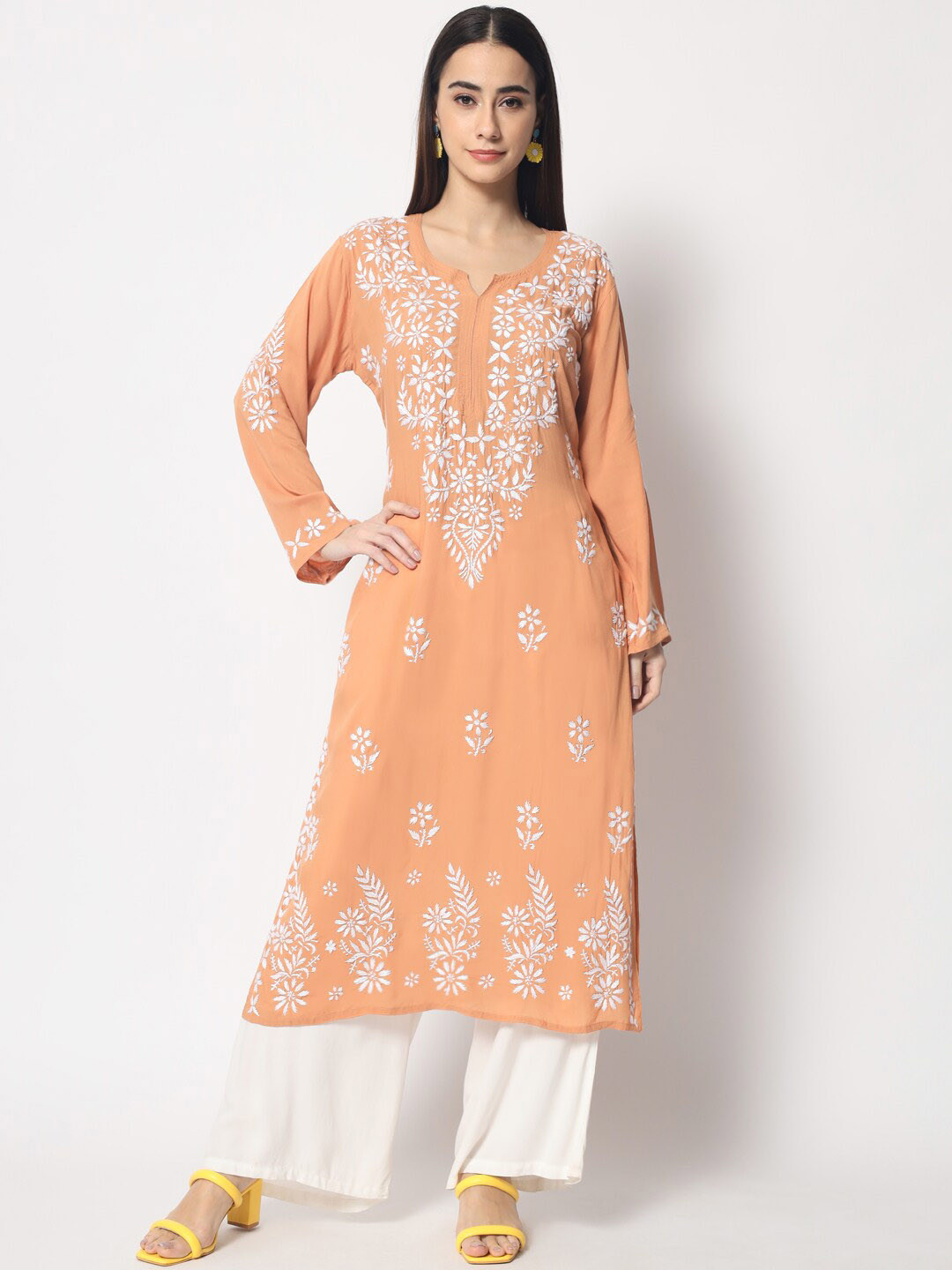 

PARAMOUNT CHIKAN Women Brown Chikankari Hand Embroidered Modal Straight Kurta