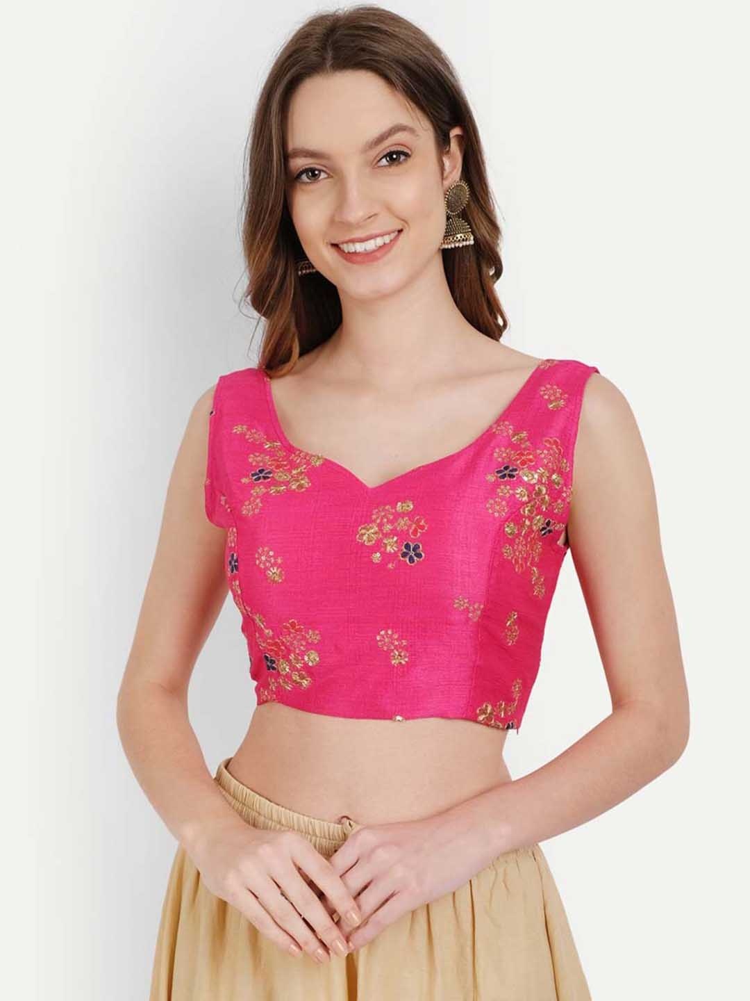 

YOU FOREVER Women Pink Woven-Design Embroidered Jacquard Saree Blouse