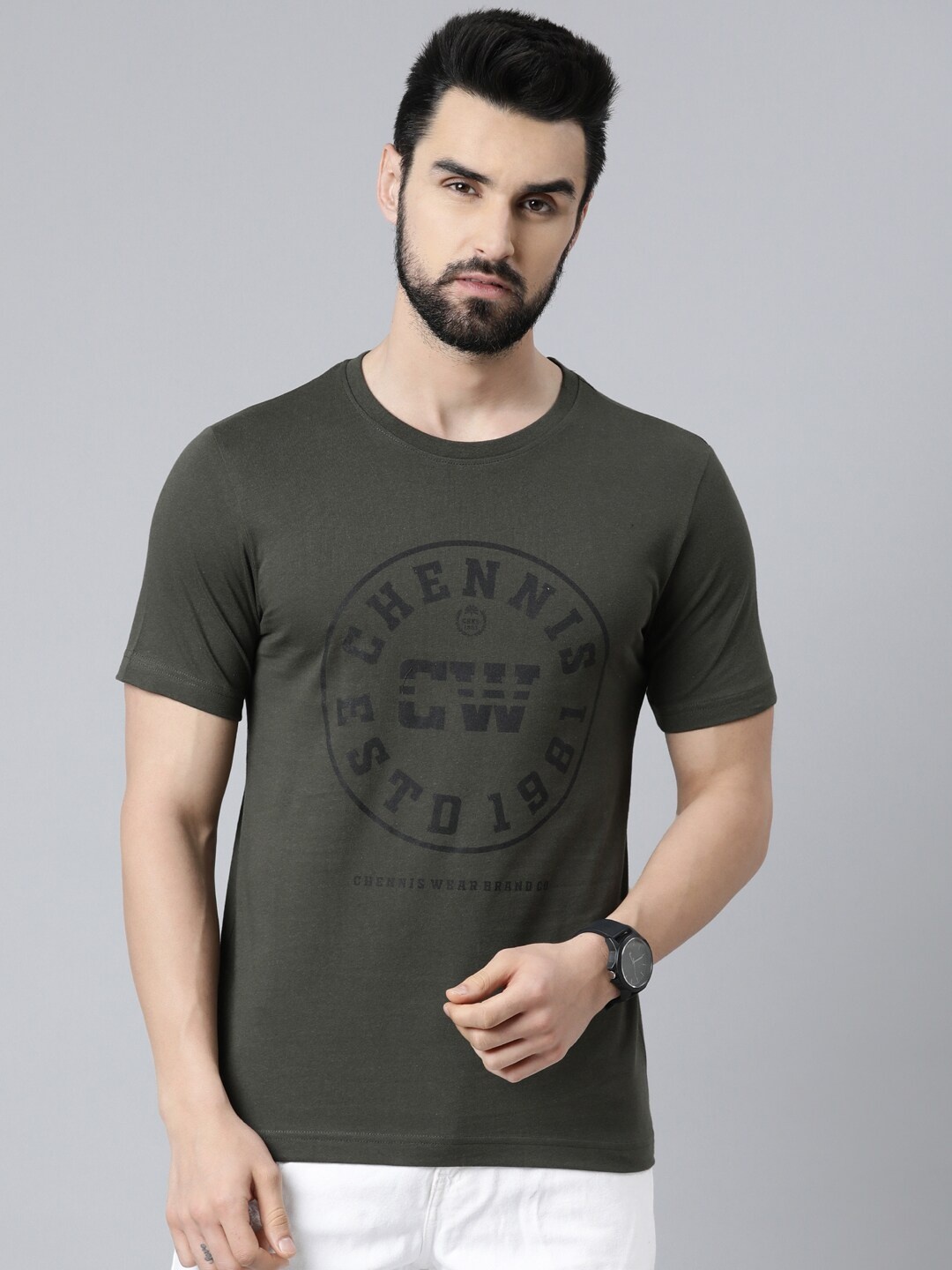 

Chennis Men Olive Green Typography Printed Slim Fit Cotton T-shirt