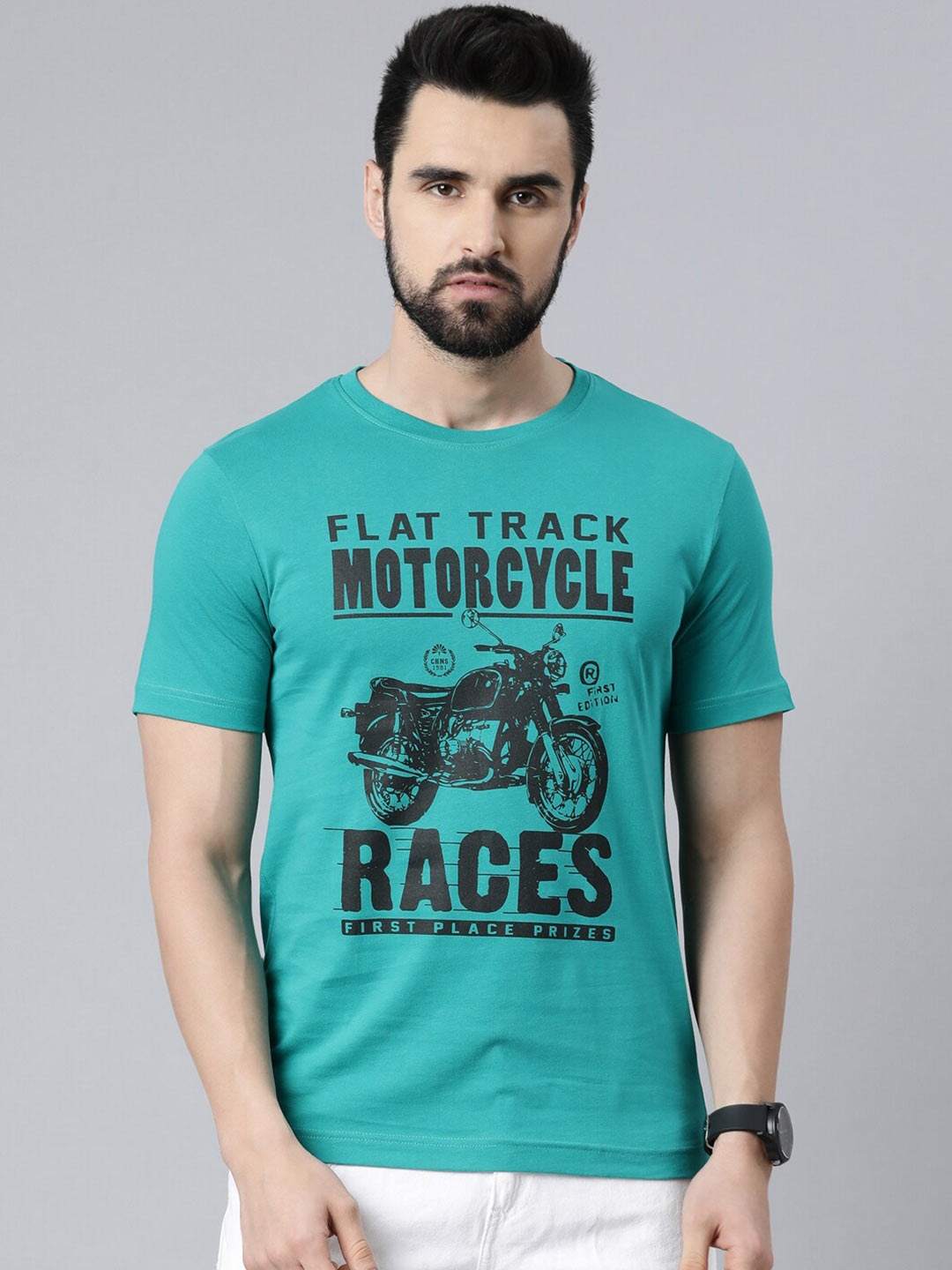 Chennis Men Teal Printed Round Neck Slim Fit Cotton T-shirt