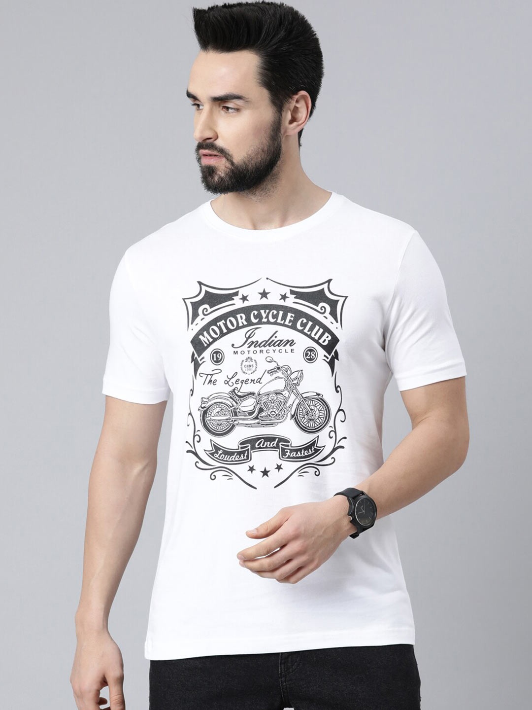 

Chennis Men White & Grey Printed Slim Fit Cotton T-shirt