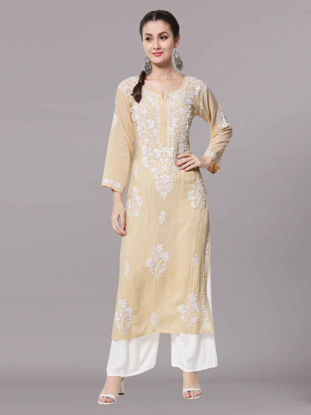 

PARAMOUNT CHIKAN Women Beige Chikankari Hand Embroidered Modal straight kurta