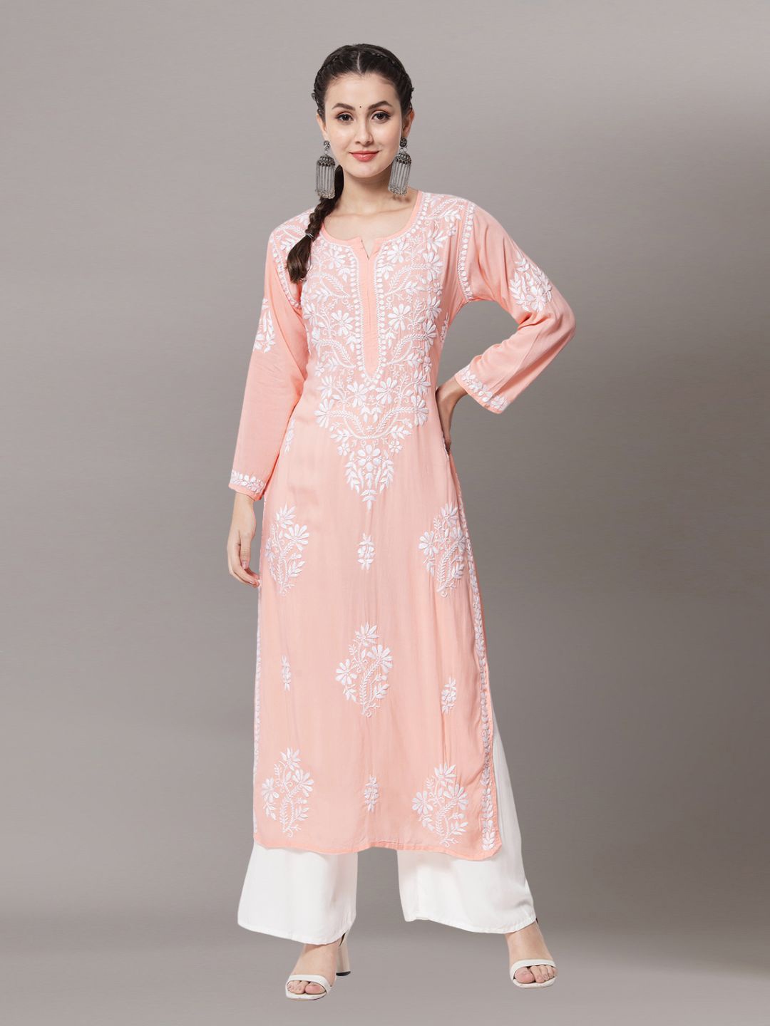 

PARAMOUNT CHIKAN Women Peach-Coloured Chikankari Hand Embroidered Modal straight kurta