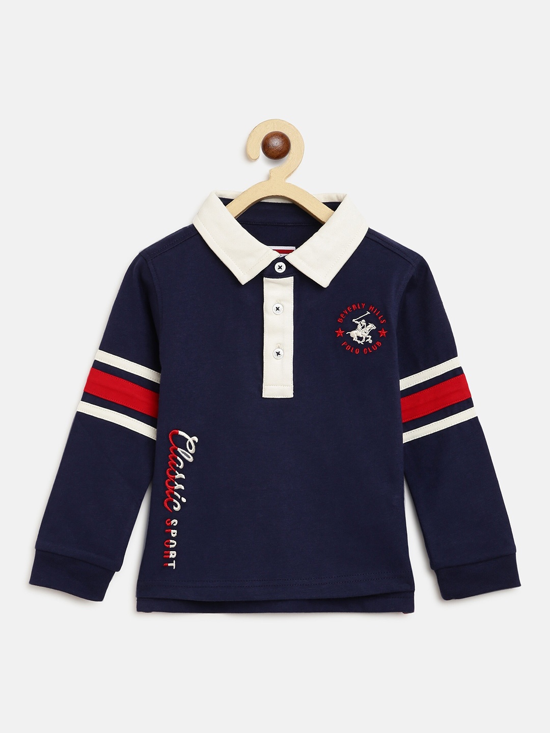 

Beverly Hills Polo Club Boys Navy Blue & White Colourblocked Polo Collar Cotton T-shirt