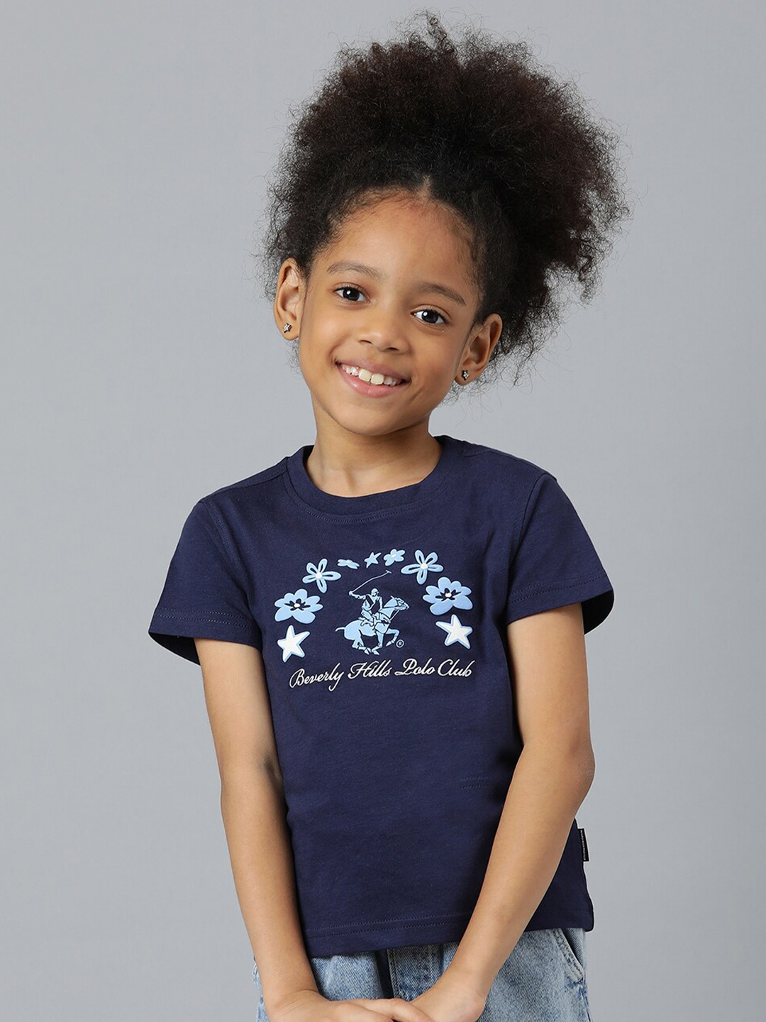 

Beverly Hills Polo Club Girls Navy Blue & Blue Brand Logo Printed Cotton T-shirt