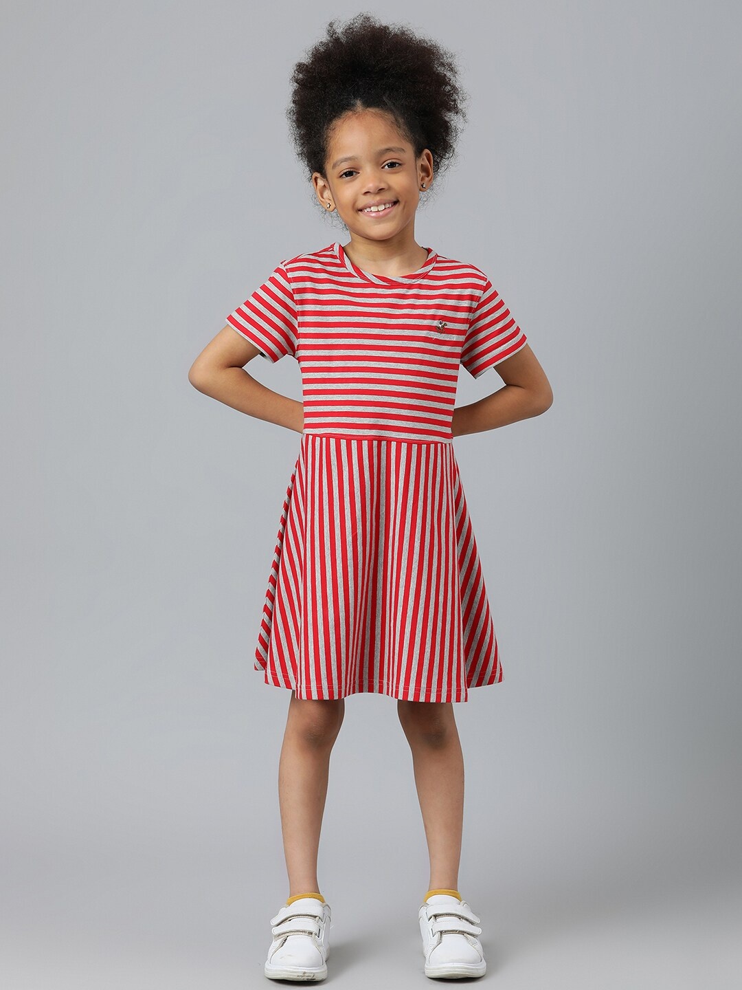 

Beverly Hills Polo Club Girls Grey & Red Striped Round Neck Cotton Dress