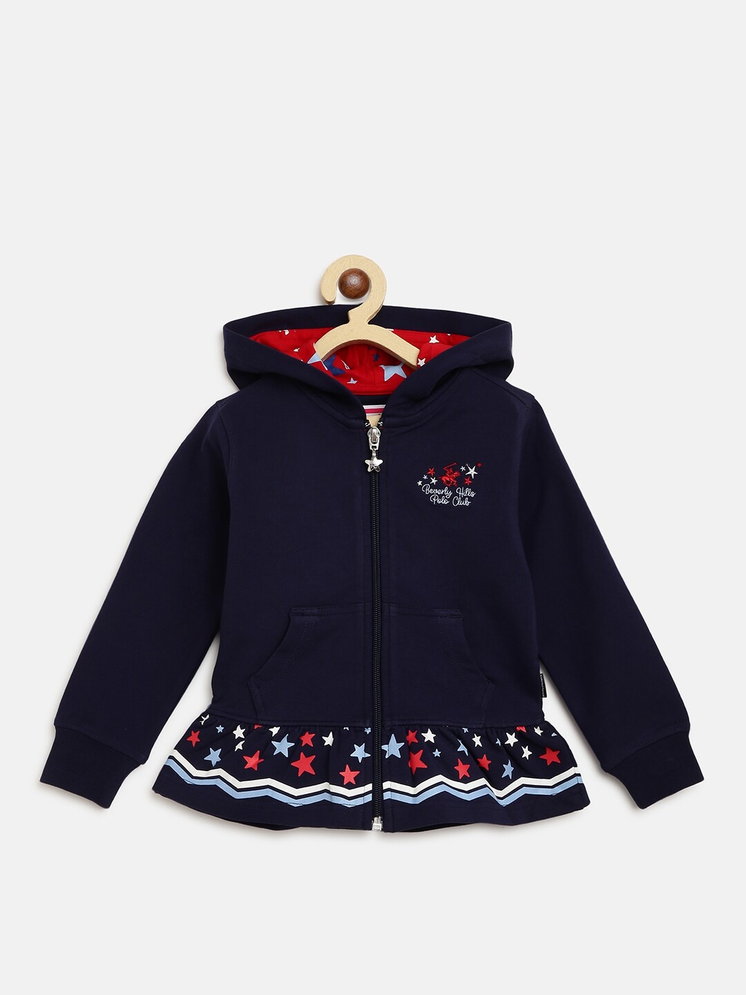 

Beverly Hills Polo Club Girls Navy Blue & Red Printed Cotton Hooded Open Front Jacket