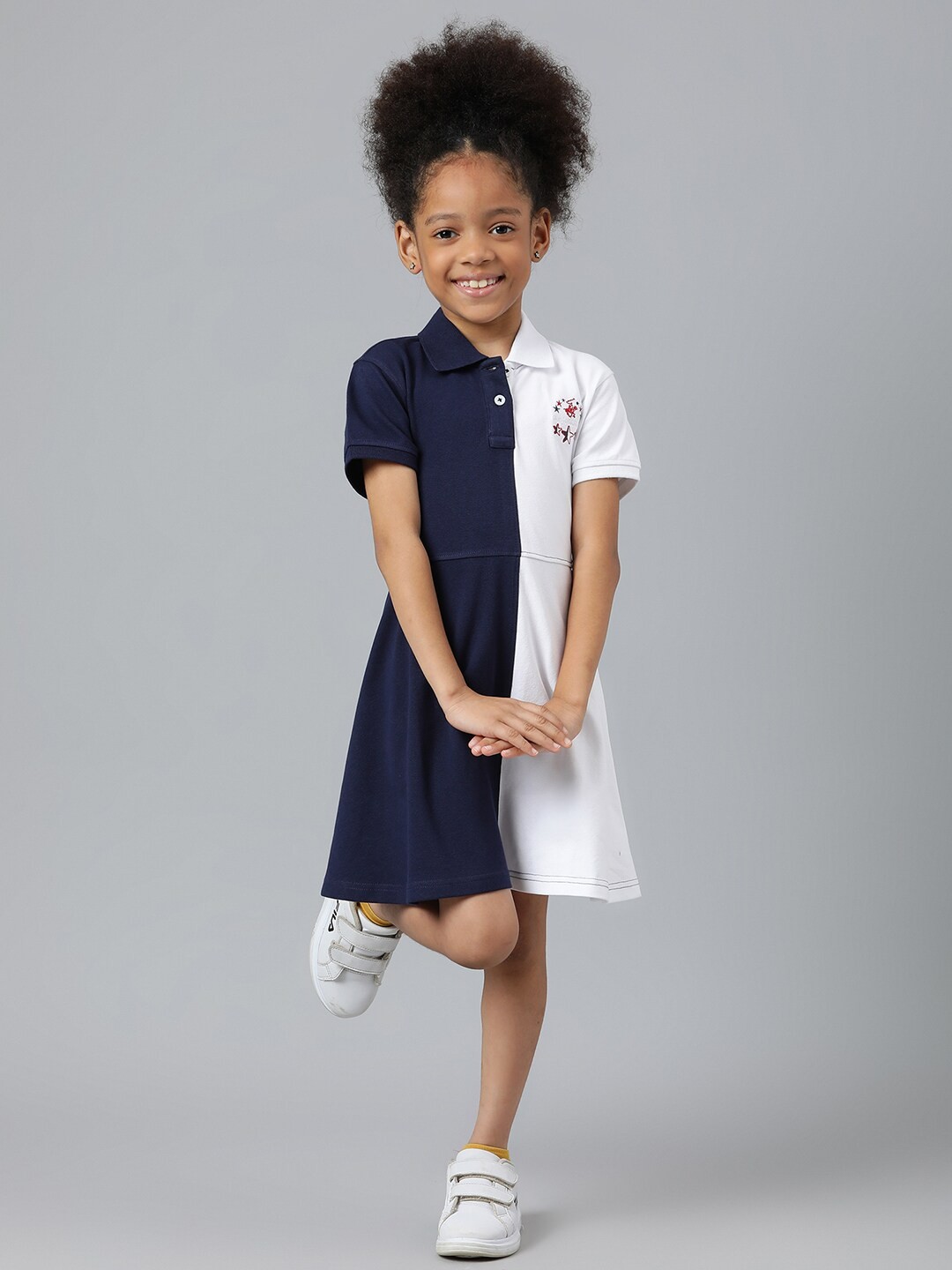 

Beverly Hills Polo Club Girls Navy Blue & White Fit And Flare Cotton Dress