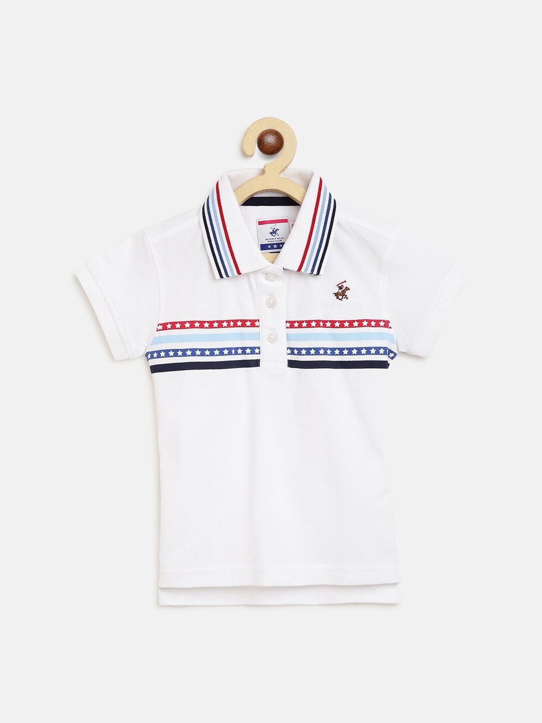 

Beverly Hills Polo Club Girls White & Navy Blue Striped Polo Collar T-shirt