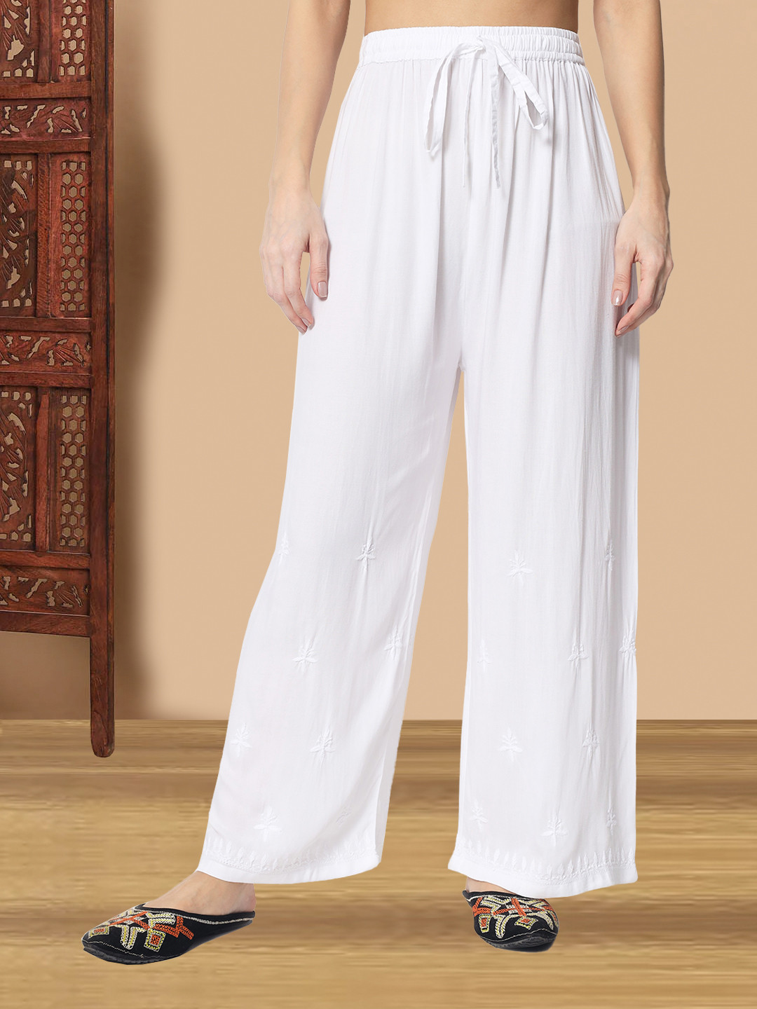 

PARAMOUNT CHIKAN Women Embroidered Lucknowi Chikankari Rayon Palazzo, White
